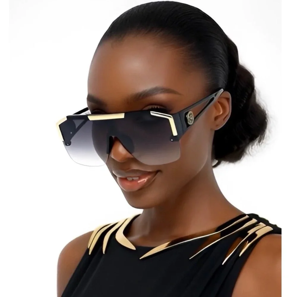 Black Gold Oversized Square Flat Top Shield Women Sunglasses Gradient Smoke Lens